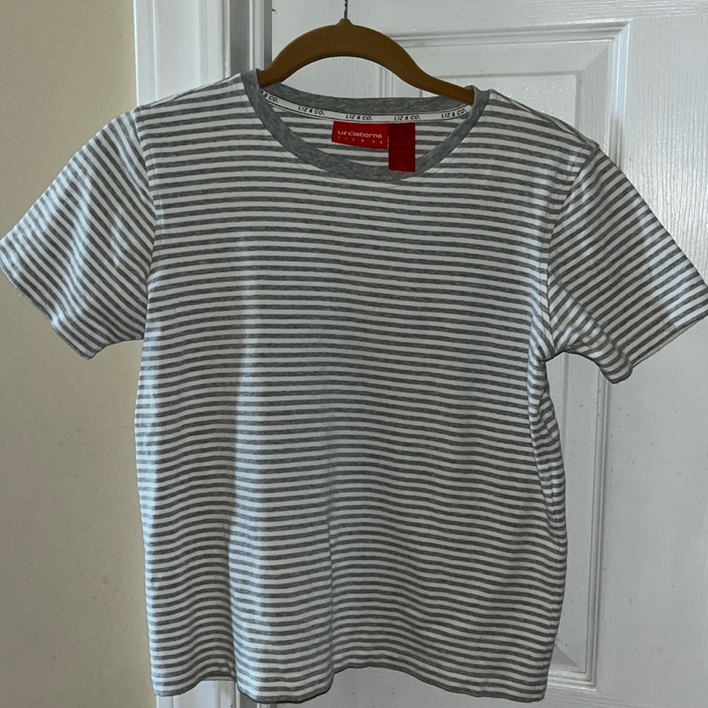 Liz Claiborne grey and white striped t shirt
